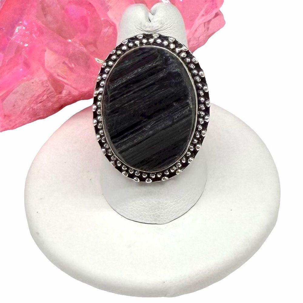 Black Tourmaline Ring Size 7.5 925 Sterling Silver Overlay Oval Raw Rough Stone